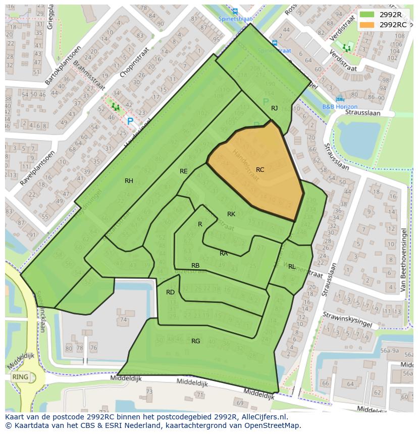 Afbeelding van het postcodegebied 2992 RC op de kaart.