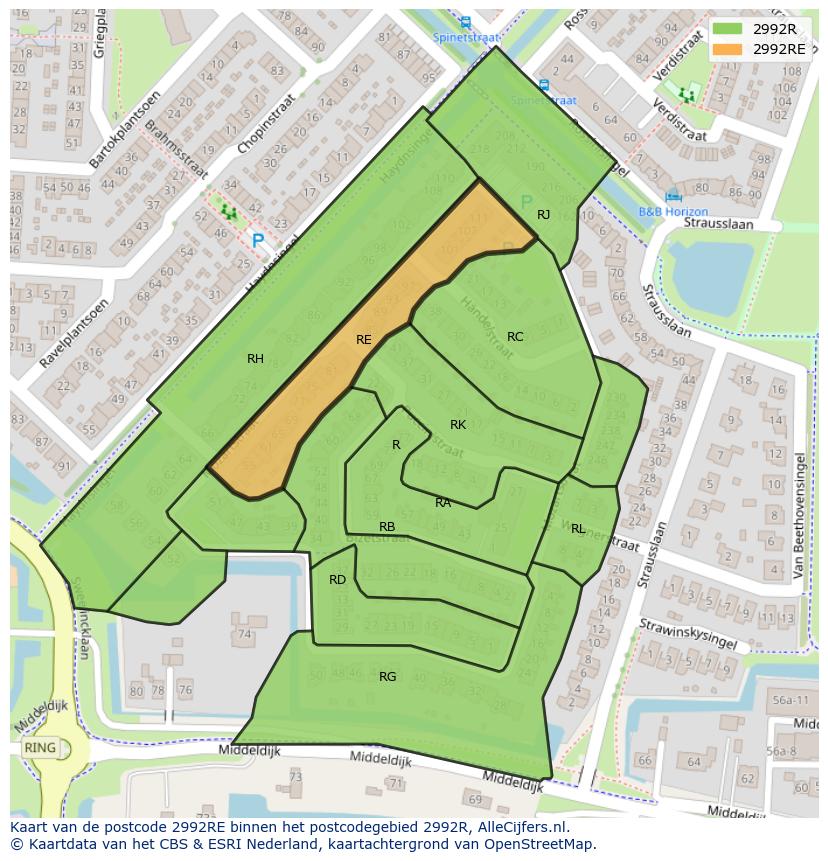 Afbeelding van het postcodegebied 2992 RE op de kaart.