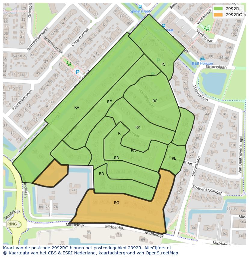Afbeelding van het postcodegebied 2992 RG op de kaart.