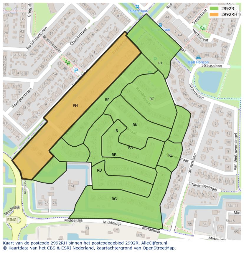 Afbeelding van het postcodegebied 2992 RH op de kaart.