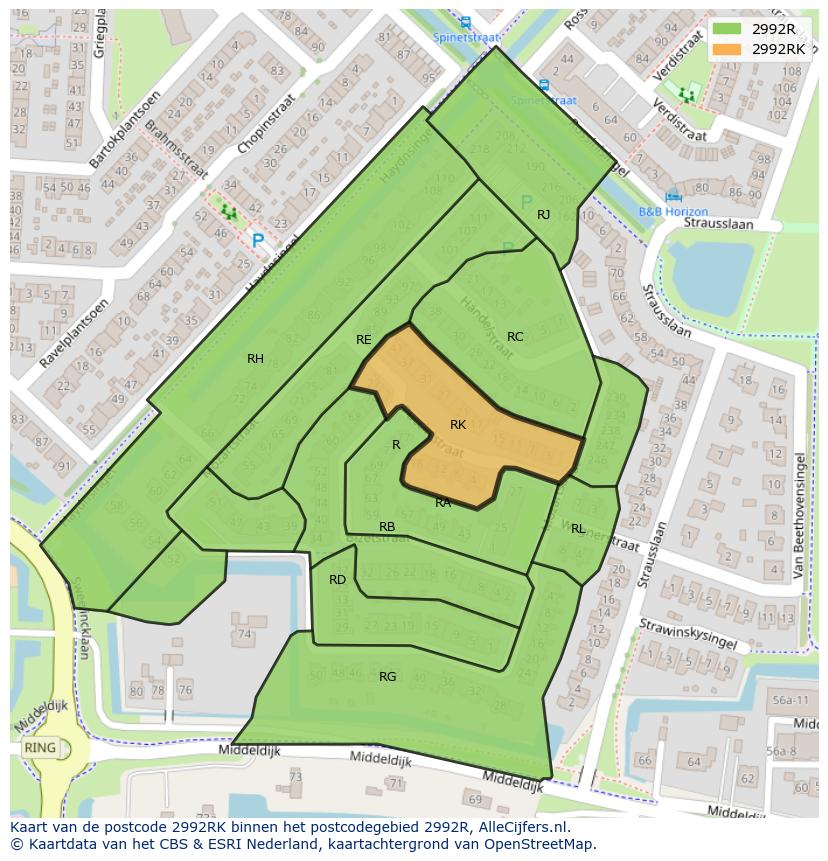 Afbeelding van het postcodegebied 2992 RK op de kaart.