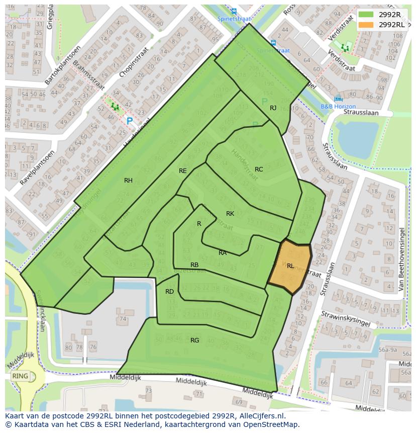 Afbeelding van het postcodegebied 2992 RL op de kaart.