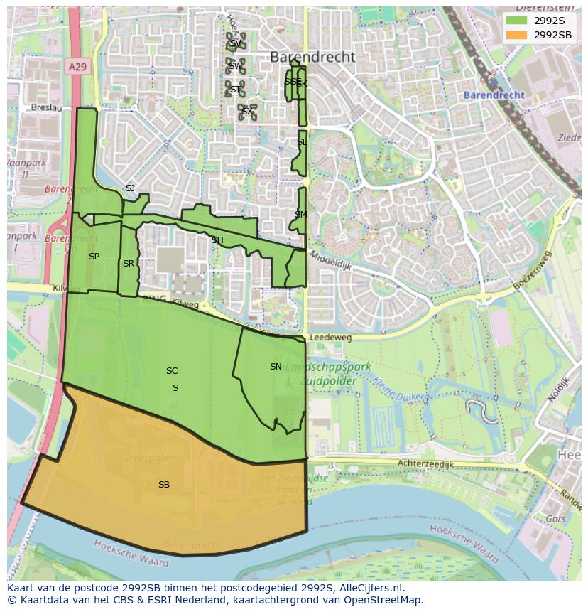 Afbeelding van het postcodegebied 2992 SB op de kaart.