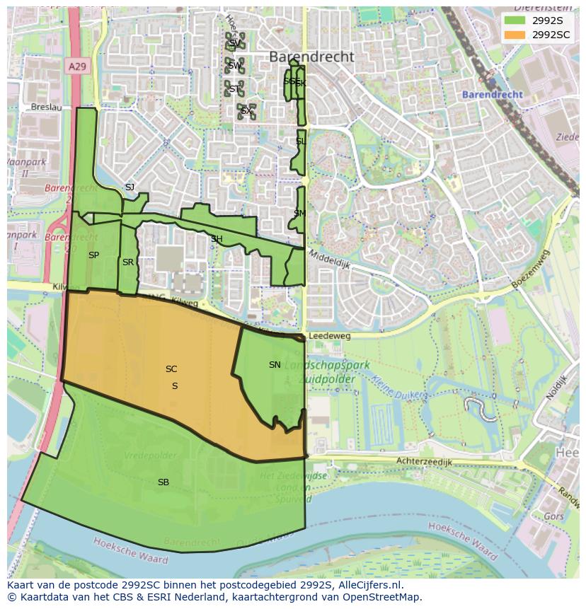 Afbeelding van het postcodegebied 2992 SC op de kaart.