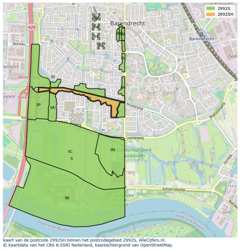Afbeelding van het postcodegebied 2992 SH op de kaart.