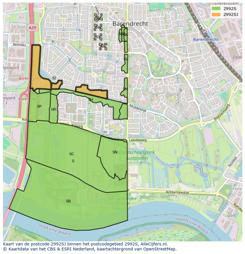 Afbeelding van het postcodegebied 2992 SJ op de kaart.