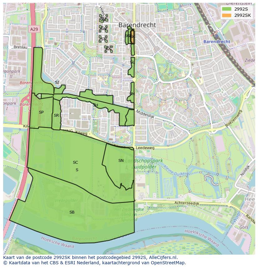 Afbeelding van het postcodegebied 2992 SK op de kaart.