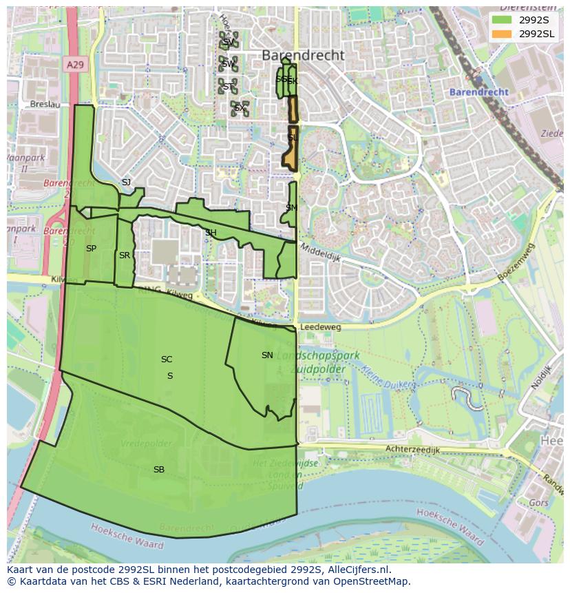 Afbeelding van het postcodegebied 2992 SL op de kaart.