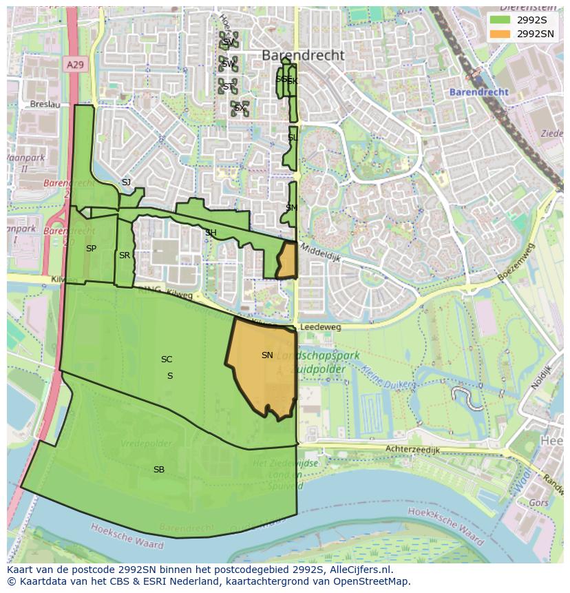 Afbeelding van het postcodegebied 2992 SN op de kaart.