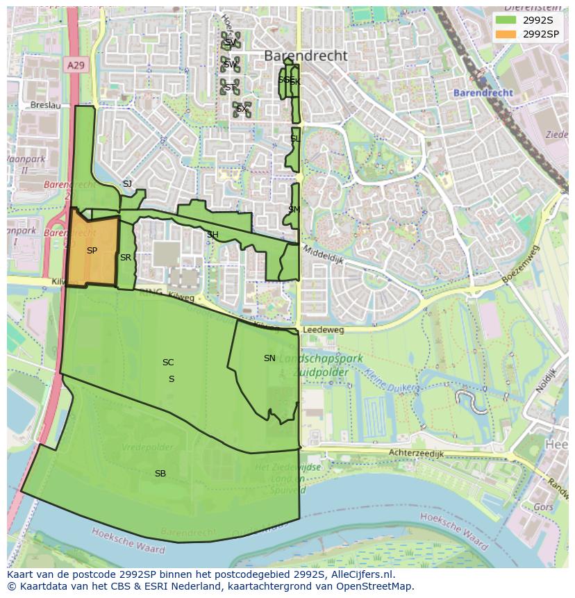 Afbeelding van het postcodegebied 2992 SP op de kaart.