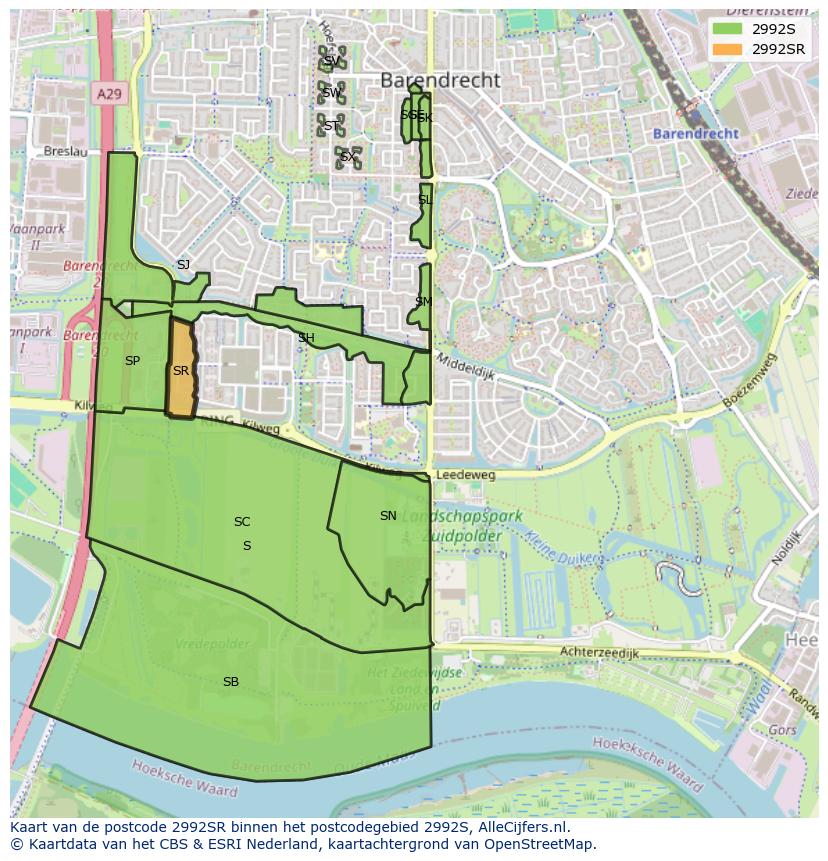 Afbeelding van het postcodegebied 2992 SR op de kaart.