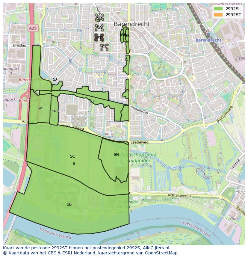 Afbeelding van het postcodegebied 2992 ST op de kaart.