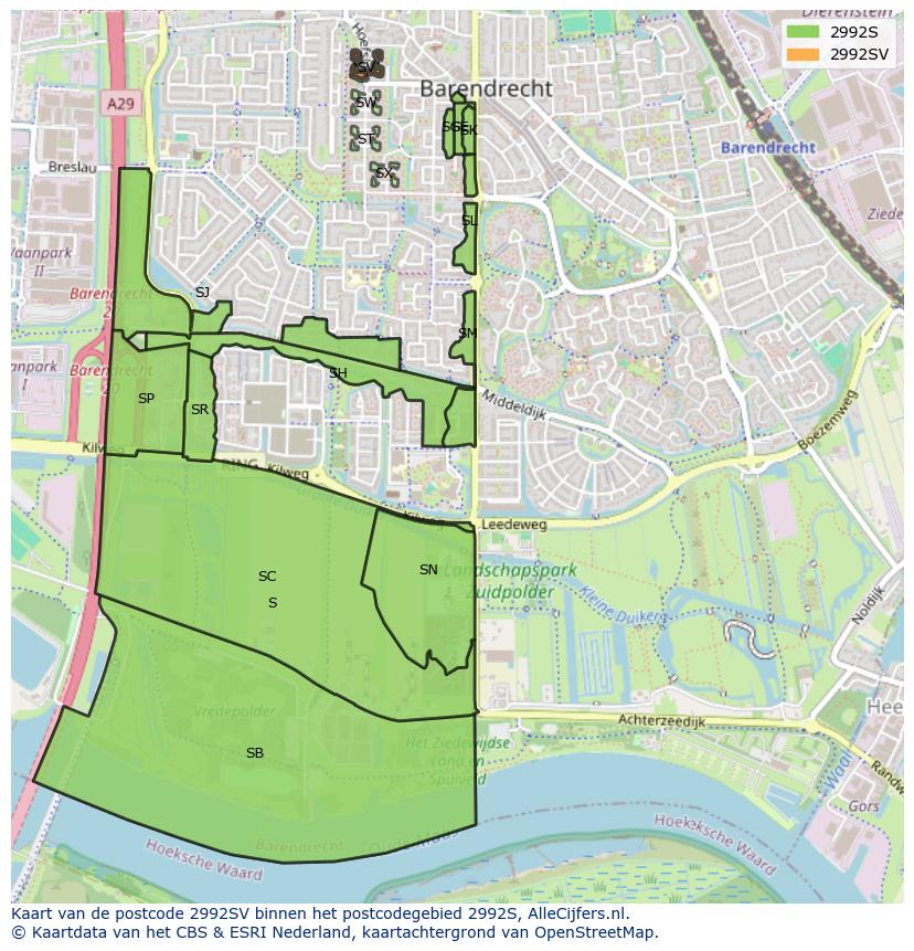 Afbeelding van het postcodegebied 2992 SV op de kaart.