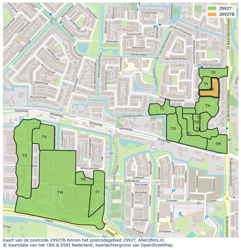 Afbeelding van het postcodegebied 2992 TB op de kaart.