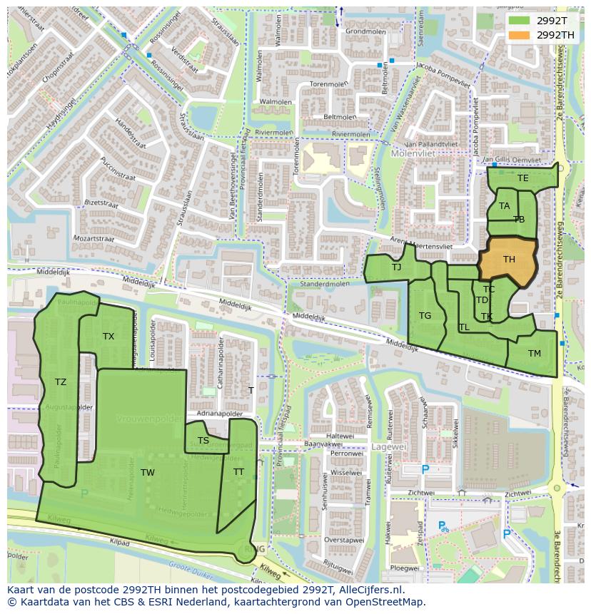 Afbeelding van het postcodegebied 2992 TH op de kaart.