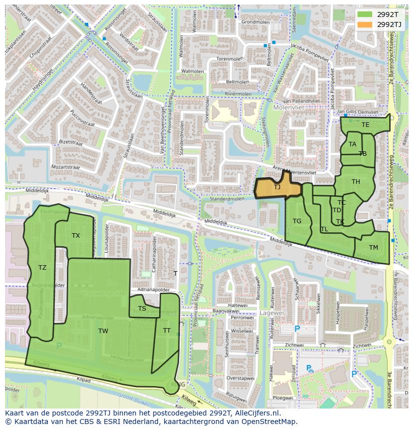 Afbeelding van het postcodegebied 2992 TJ op de kaart.