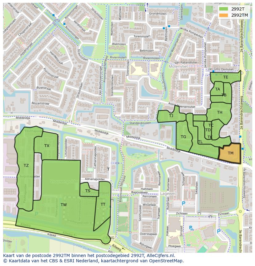 Afbeelding van het postcodegebied 2992 TM op de kaart.