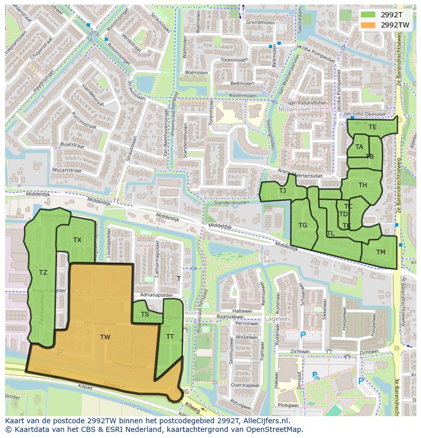 Afbeelding van het postcodegebied 2992 TW op de kaart.
