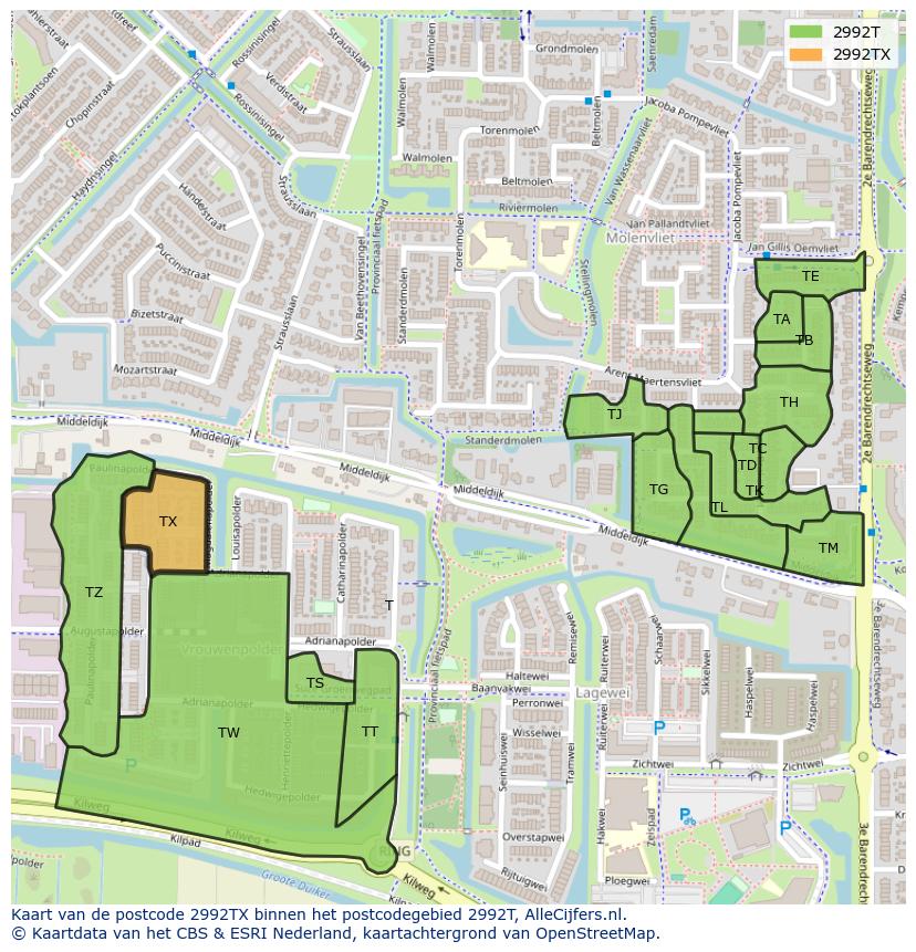 Afbeelding van het postcodegebied 2992 TX op de kaart.
