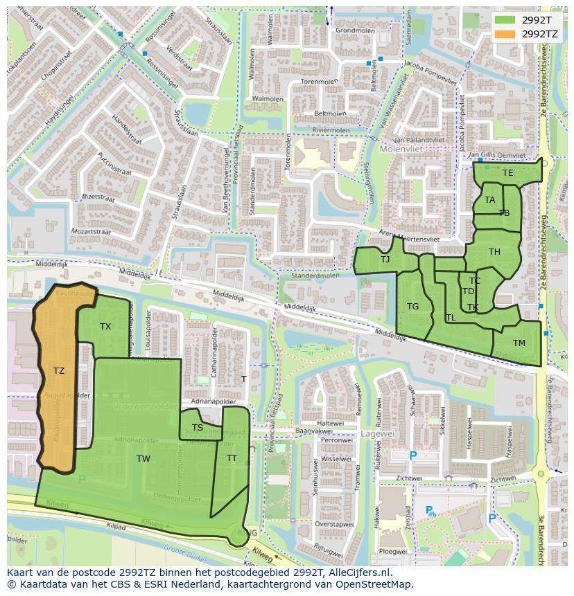 Afbeelding van het postcodegebied 2992 TZ op de kaart.