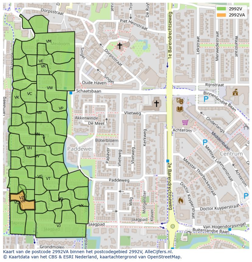 Afbeelding van het postcodegebied 2992 VA op de kaart.