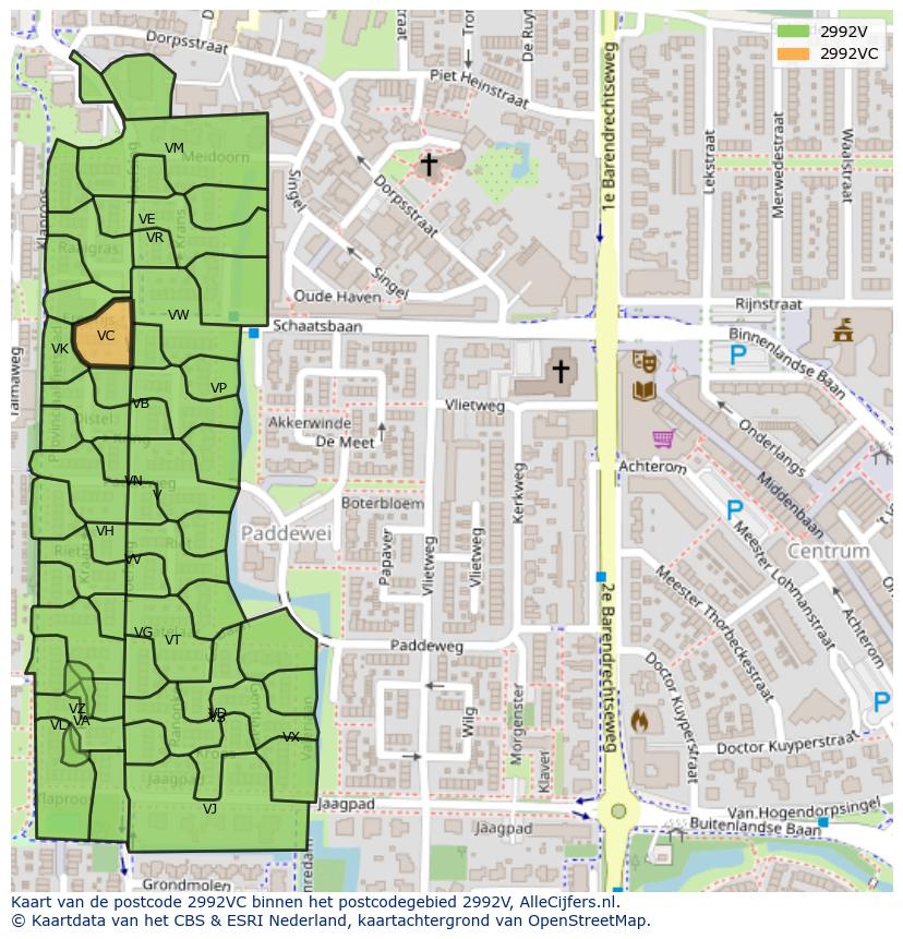 Afbeelding van het postcodegebied 2992 VC op de kaart.