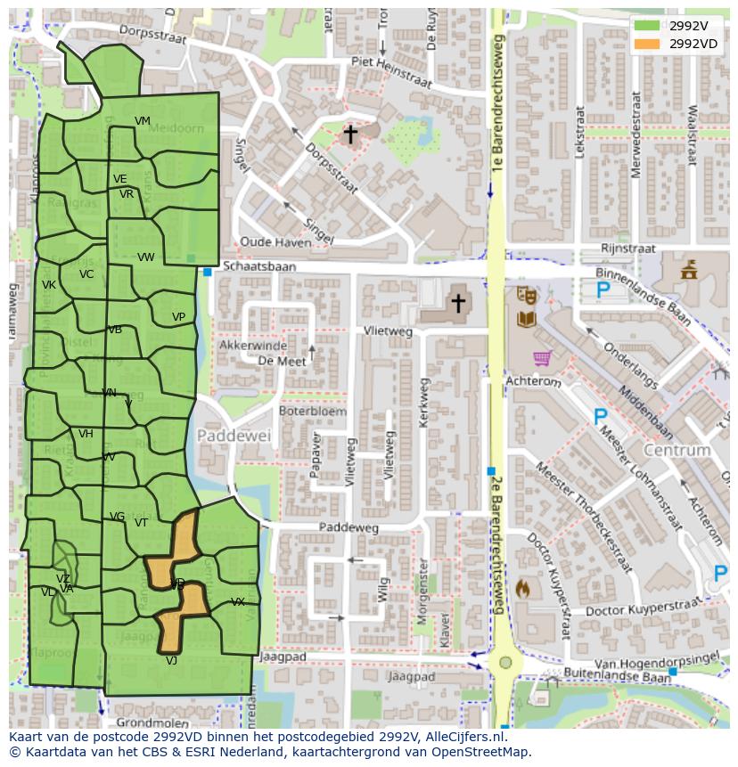Afbeelding van het postcodegebied 2992 VD op de kaart.