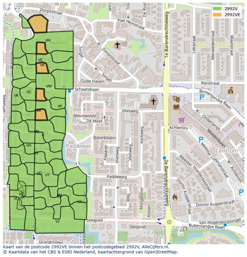 Afbeelding van het postcodegebied 2992 VE op de kaart.