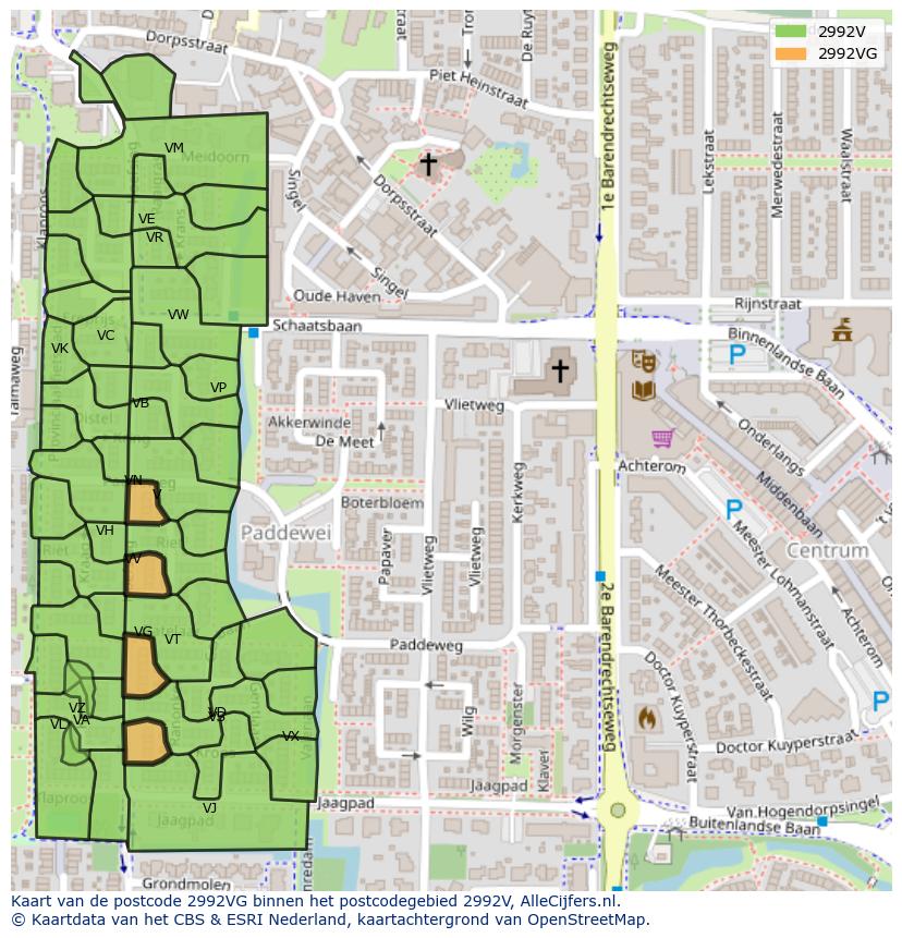 Afbeelding van het postcodegebied 2992 VG op de kaart.