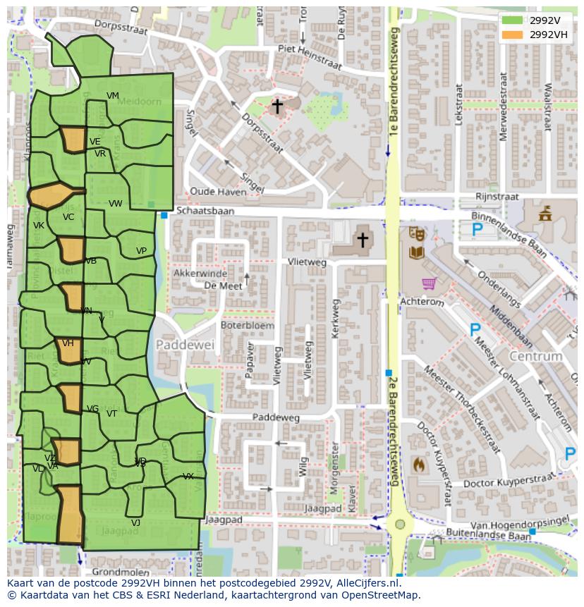 Afbeelding van het postcodegebied 2992 VH op de kaart.