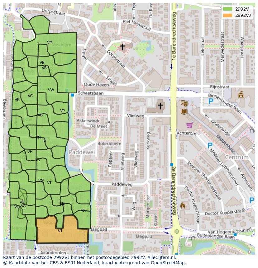 Afbeelding van het postcodegebied 2992 VJ op de kaart.