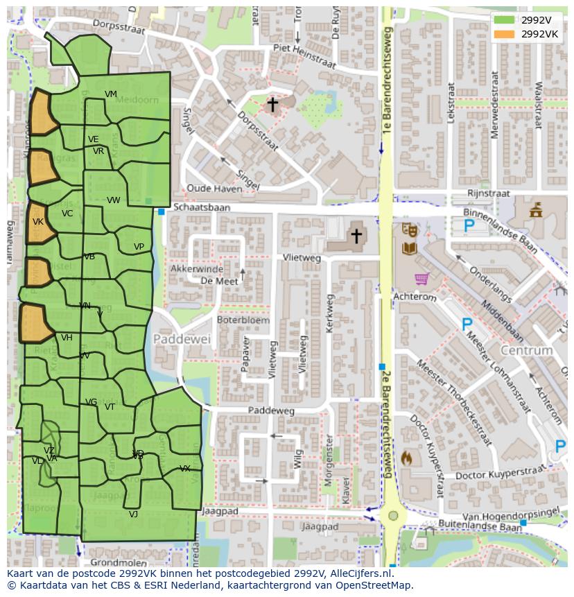 Afbeelding van het postcodegebied 2992 VK op de kaart.