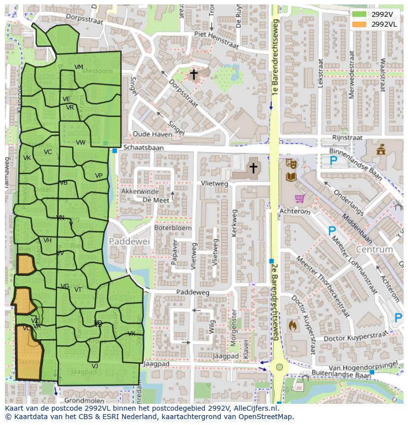 Afbeelding van het postcodegebied 2992 VL op de kaart.