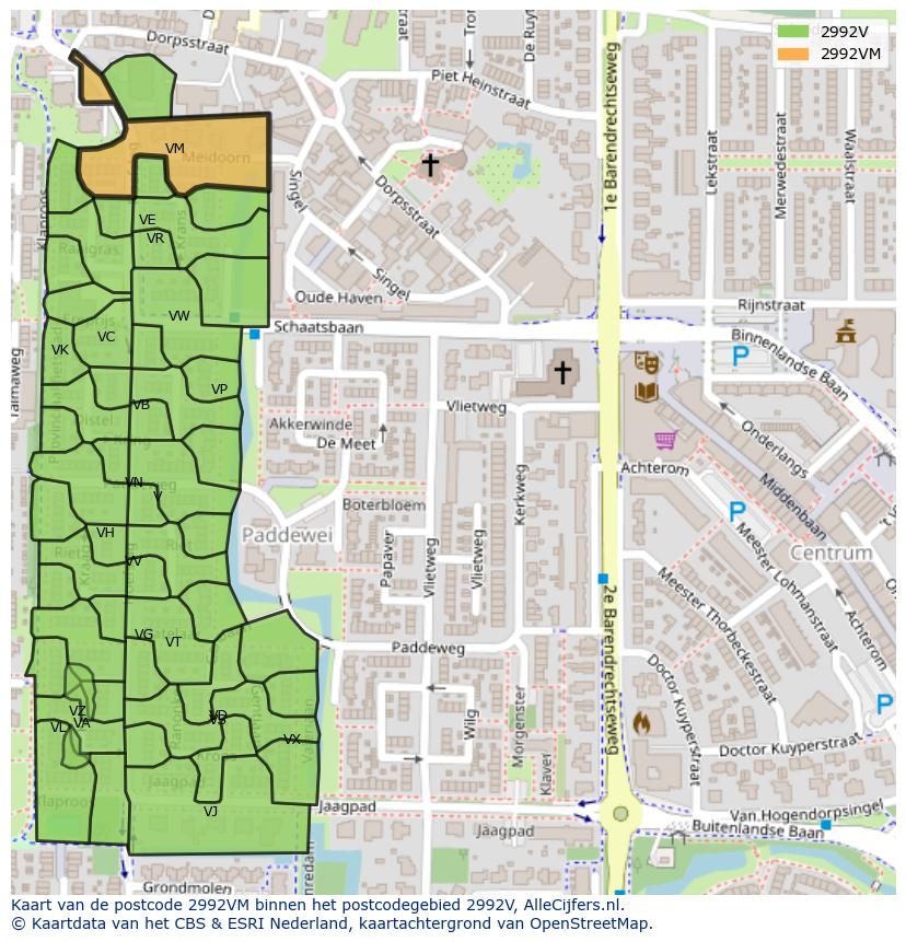 Afbeelding van het postcodegebied 2992 VM op de kaart.