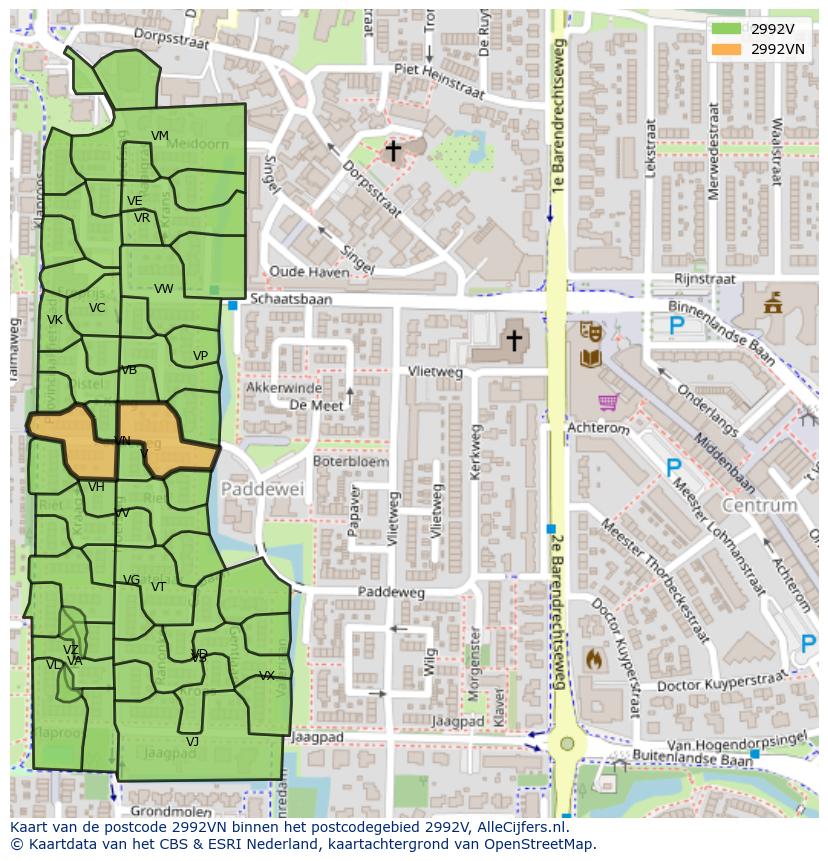 Afbeelding van het postcodegebied 2992 VN op de kaart.