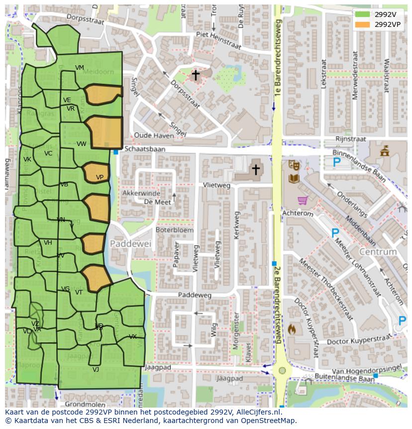 Afbeelding van het postcodegebied 2992 VP op de kaart.