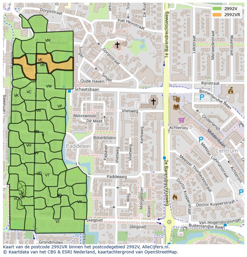 Afbeelding van het postcodegebied 2992 VR op de kaart.