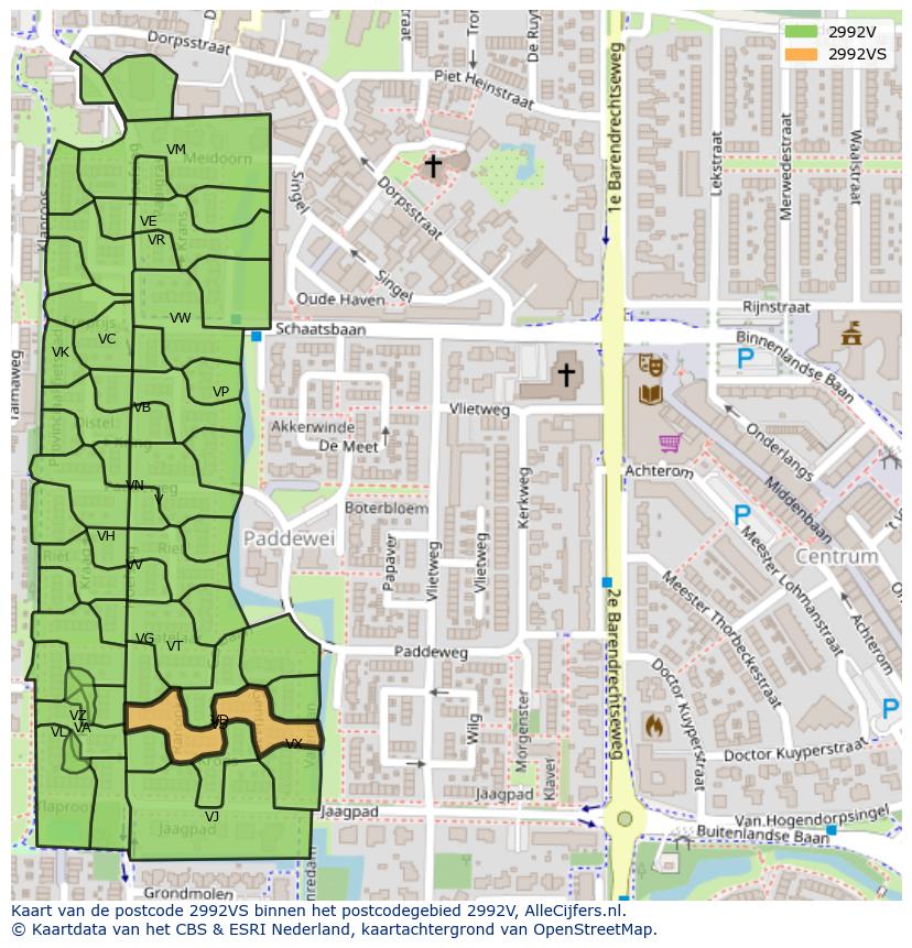 Afbeelding van het postcodegebied 2992 VS op de kaart.