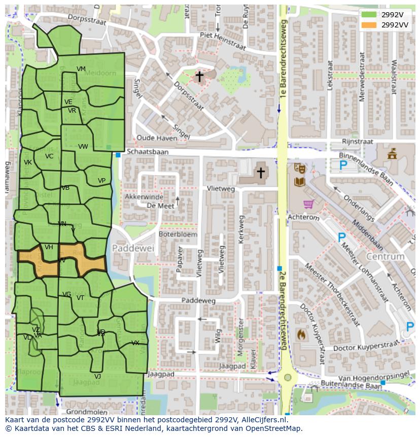 Afbeelding van het postcodegebied 2992 VV op de kaart.