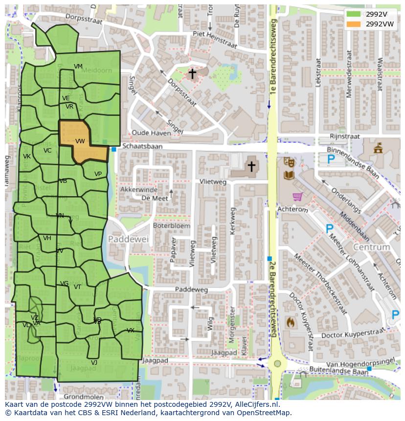 Afbeelding van het postcodegebied 2992 VW op de kaart.