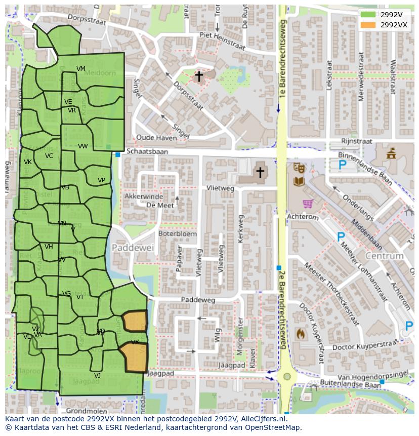Afbeelding van het postcodegebied 2992 VX op de kaart.
