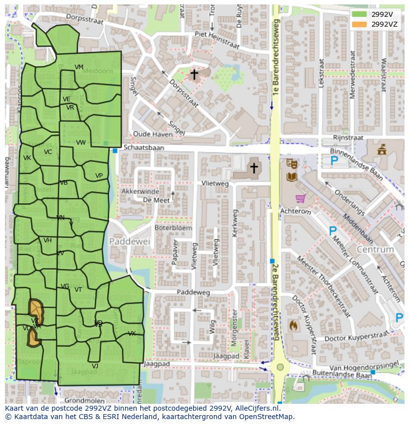 Afbeelding van het postcodegebied 2992 VZ op de kaart.