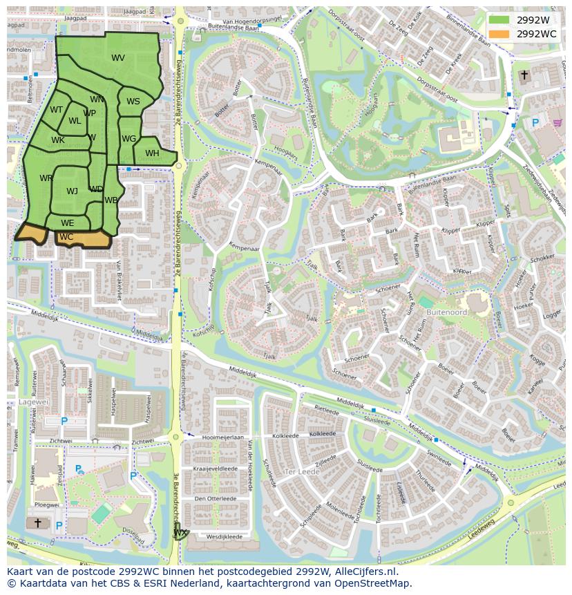 Afbeelding van het postcodegebied 2992 WC op de kaart.