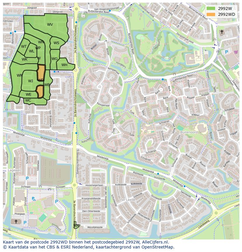 Afbeelding van het postcodegebied 2992 WD op de kaart.