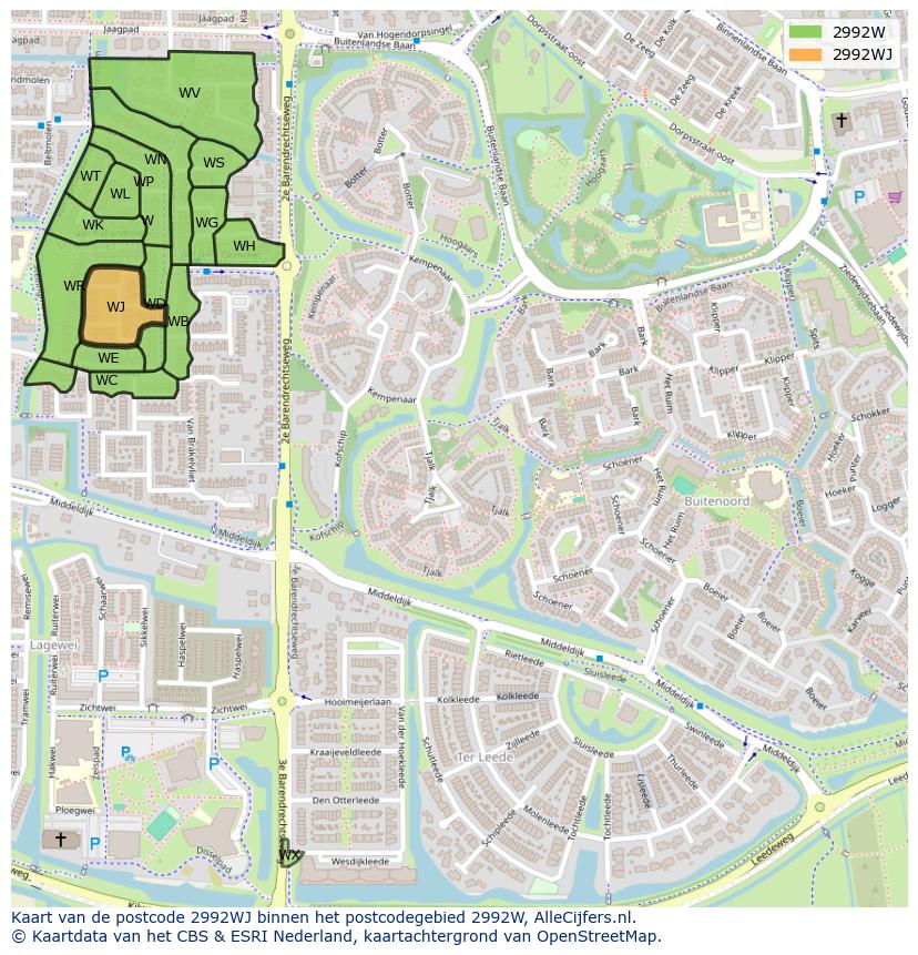 Afbeelding van het postcodegebied 2992 WJ op de kaart.