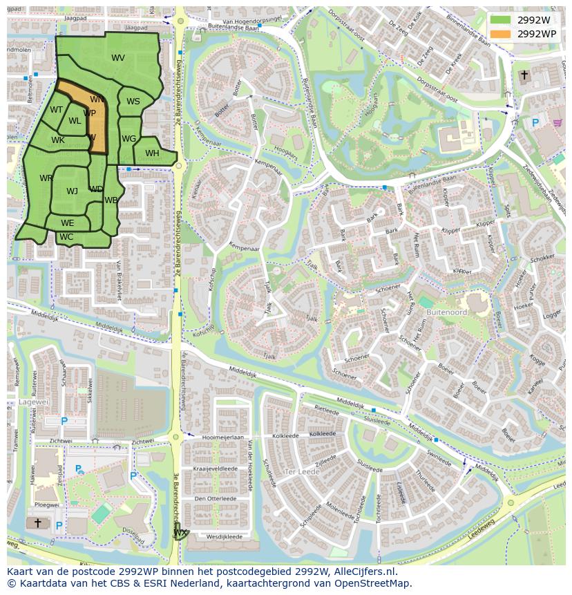 Afbeelding van het postcodegebied 2992 WP op de kaart.