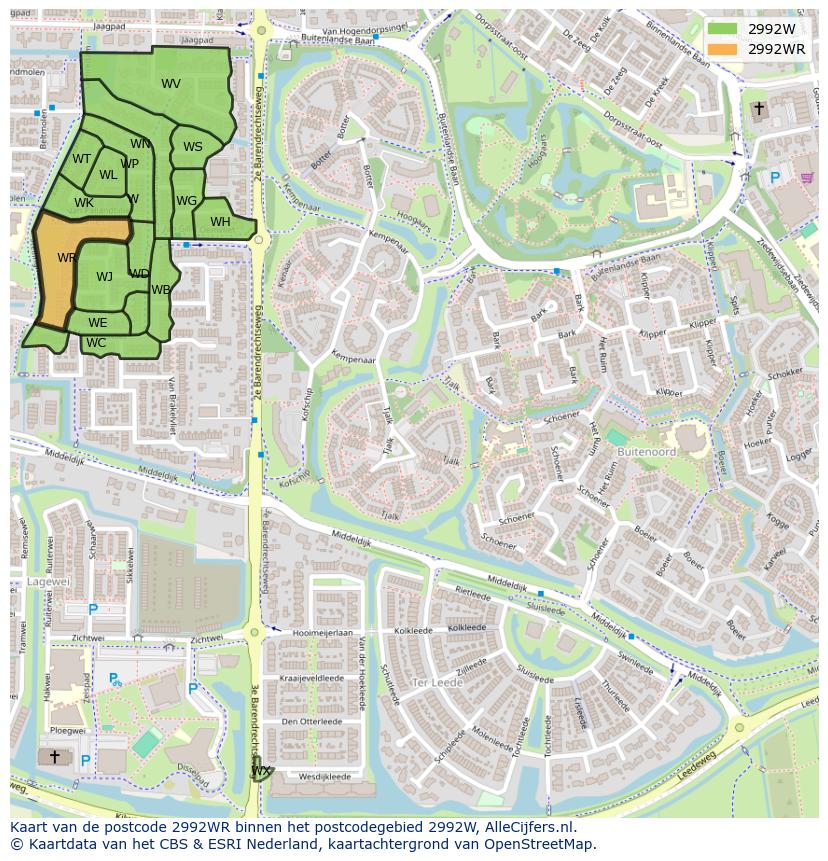 Afbeelding van het postcodegebied 2992 WR op de kaart.