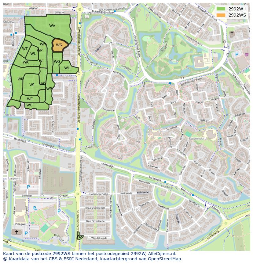 Afbeelding van het postcodegebied 2992 WS op de kaart.