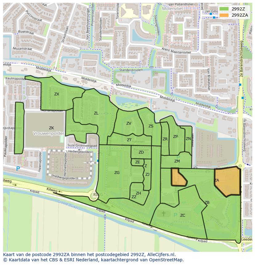 Afbeelding van het postcodegebied 2992 ZA op de kaart.