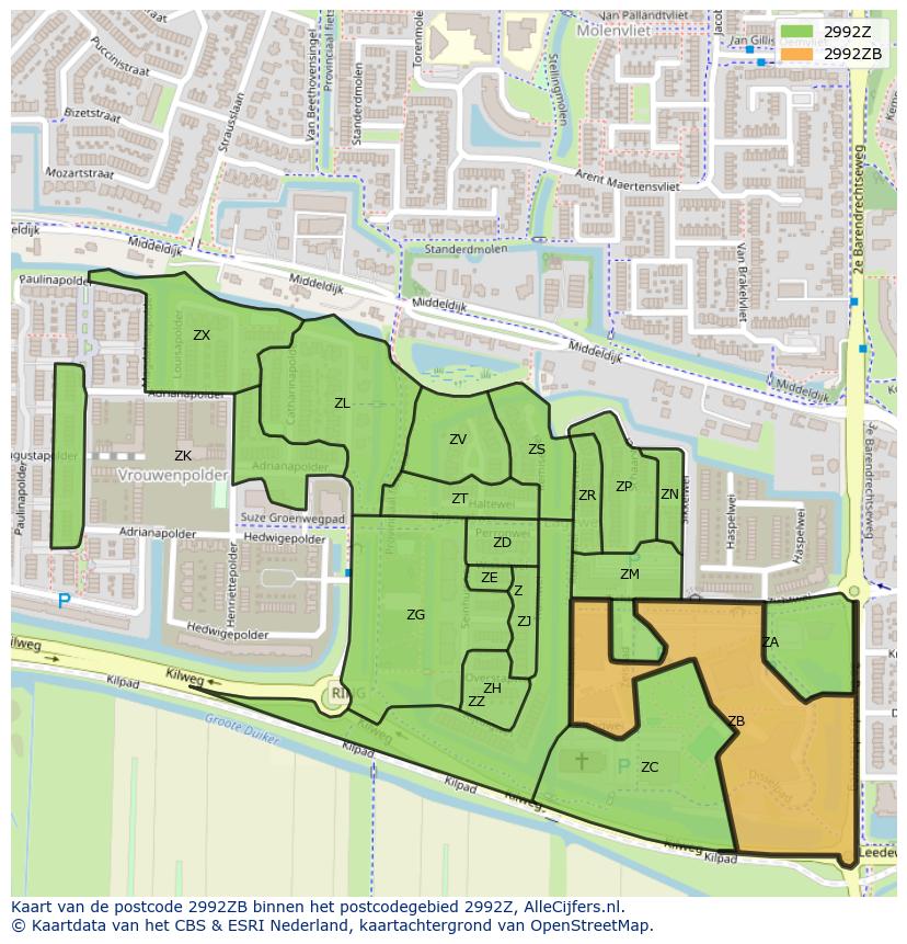 Afbeelding van het postcodegebied 2992 ZB op de kaart.